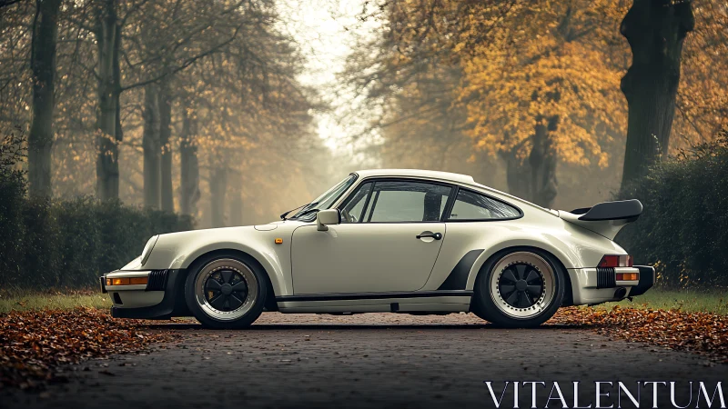 Classic white sports car parked on misty autumn road.