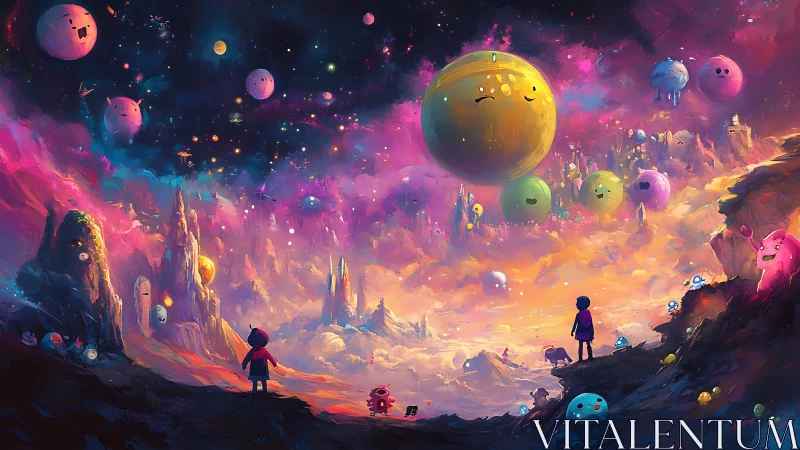 Children gaze across a dreamlike alien sky of smiling worlds.