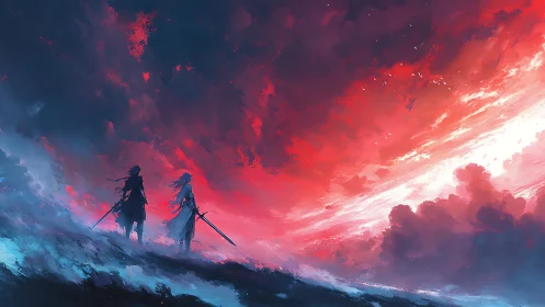 Swords at the horizon where crimson stormlight gathers.