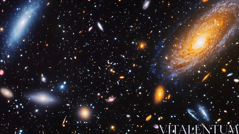 Photorealistic deep-space field with luminous spiral galaxies.