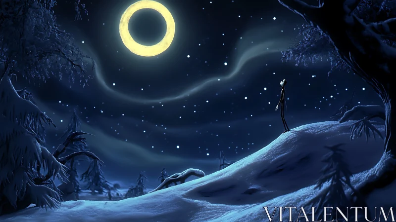 Snow-covered hillside under luminous ringed moonlit sky.