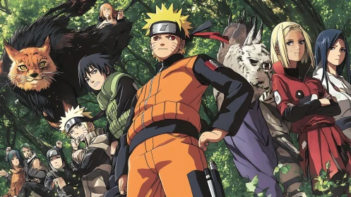 Energetic ninja friends standing united in a lush forest.