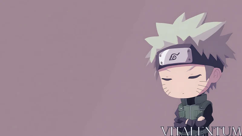 Minimal chibi ninja figure against plain mauve ground.