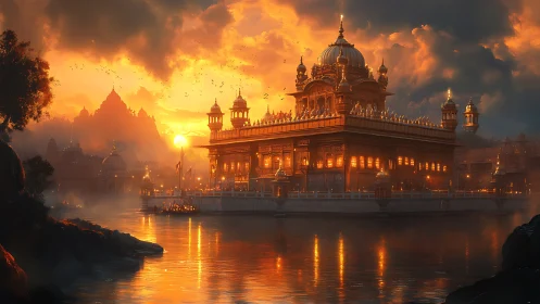 Golden riverside temple at sunset with dramatic sky reflection.