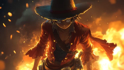 Fiery straw-hatted adventurer steps forward through flames