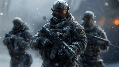 Heavily armed winter soldiers advance through dense snowfall