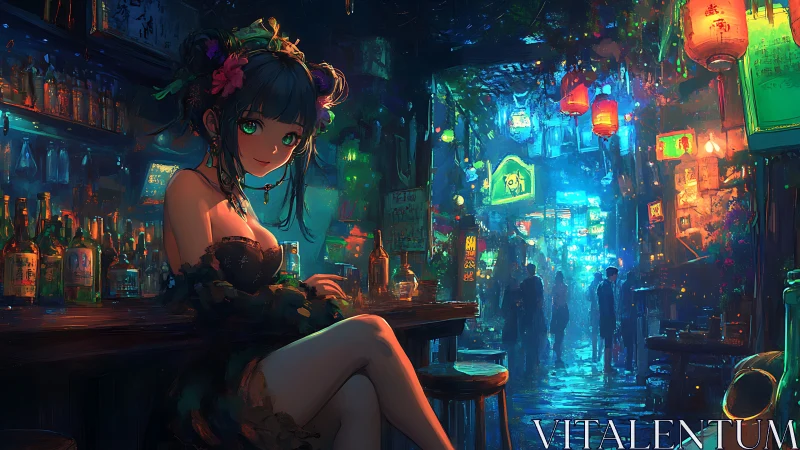 Neon-soaked alley bar with anime hostess and reflective rain.