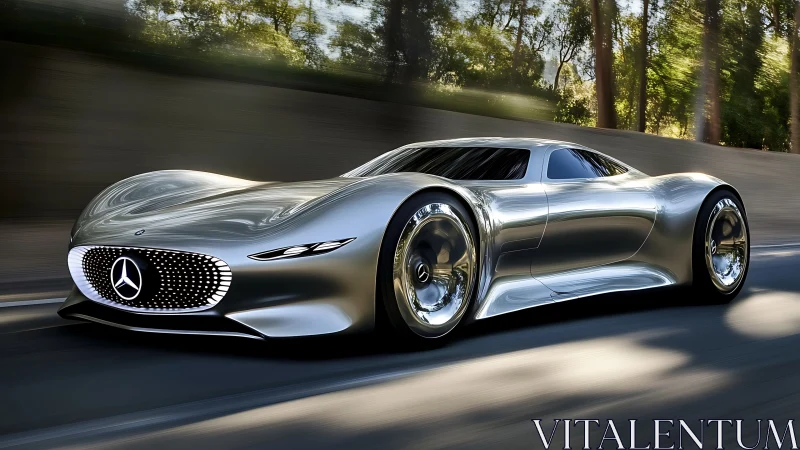 Chrome bullet glides through forest light like liquid speed