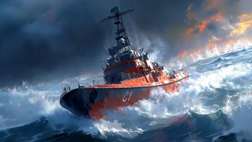 Digital painting of rescue ship in storm surge, cinematic framing.