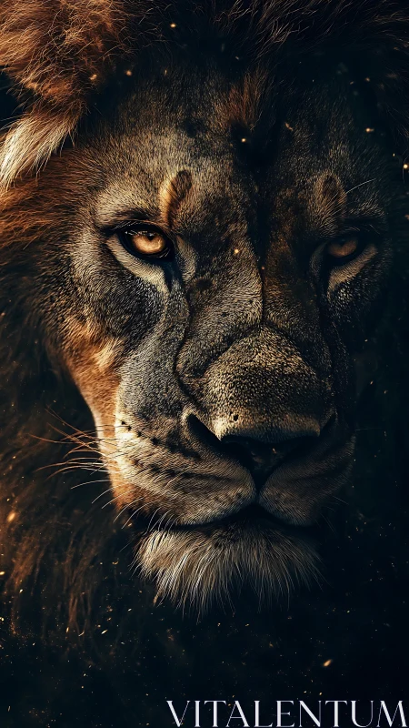 Ember-eyed lion king in smoldering dusk portrait focus.