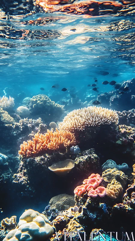 Colorful coral reef under clear tropical seawater surface.