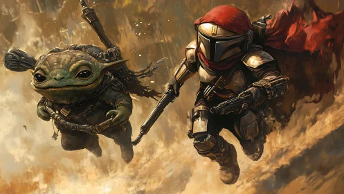 Armored space warrior and alien child soar through battle skies