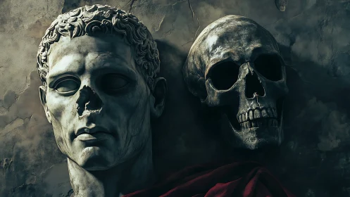 Roman marble bust and skull lie in shadowed memento mori contrast