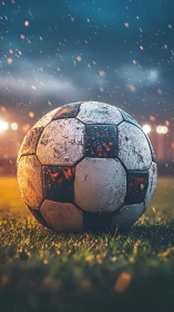 Rainlit match ball waiting on a storm-brightened pitch.