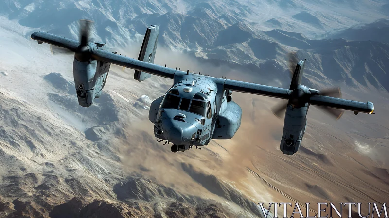 Tiltrotor military aircraft flying low over desert terrain.