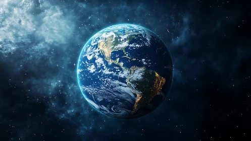 Our luminous blue Earth floats gently in the quiet of space