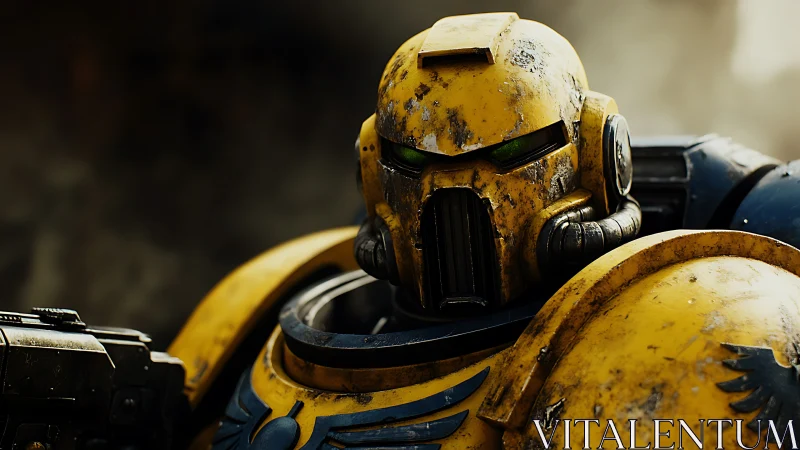 Battle-scarred yellow space warrior in brooding war fog.