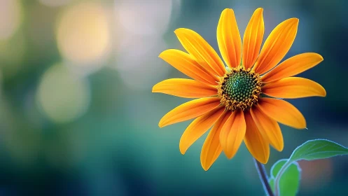 Orange Gerbera Daisy with Green Disk Florets and Teal Bokeh Background