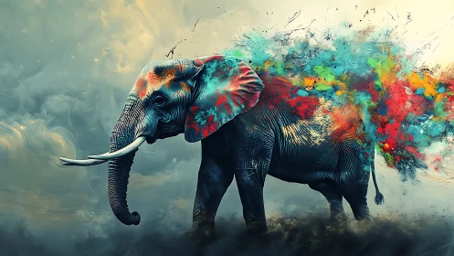 Chromatic thunder-elephant strides through exploding paintstorm.