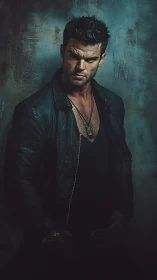 Brooding leather clad man against moody textured backdrop.