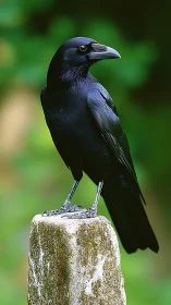 Obsidian Corvid Perched on Lichen-Covered Stone Post.