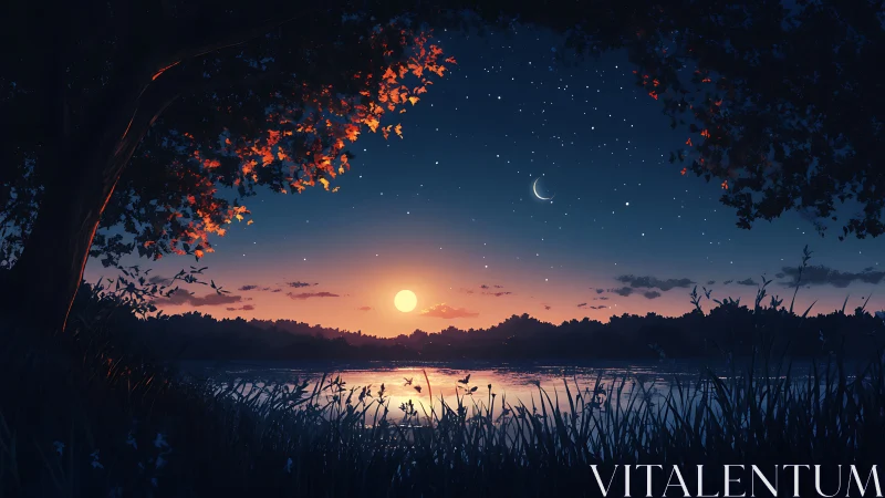 Twilight lakeside under crescent moon and glowing sunset.