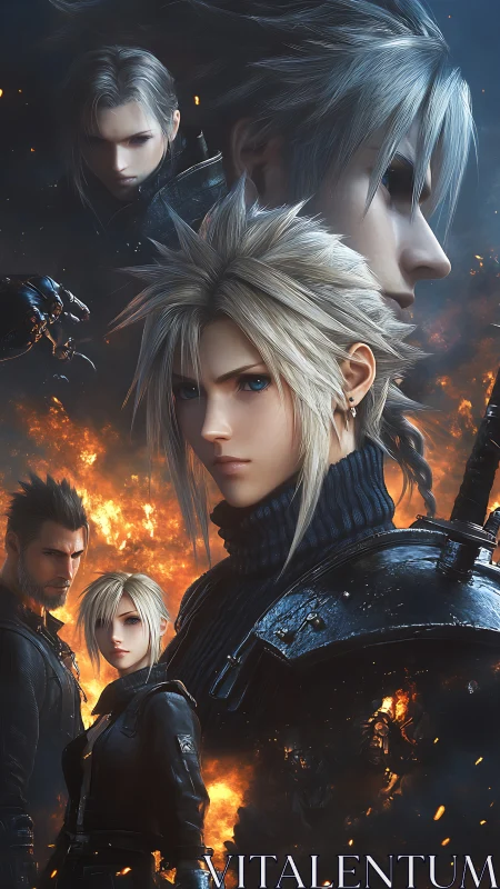 Clustered anime warriors before orange fire backdrop.