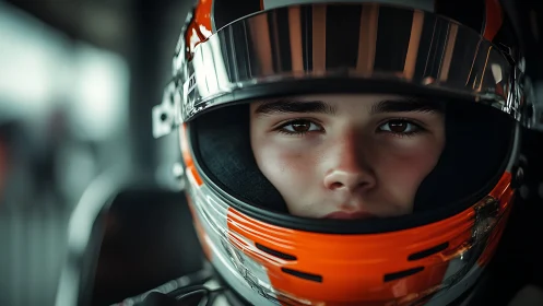 Focused young racer gazes through helmet under cool pit lights