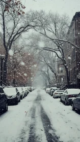 Snow-covered urban residential street with parked vehicles.