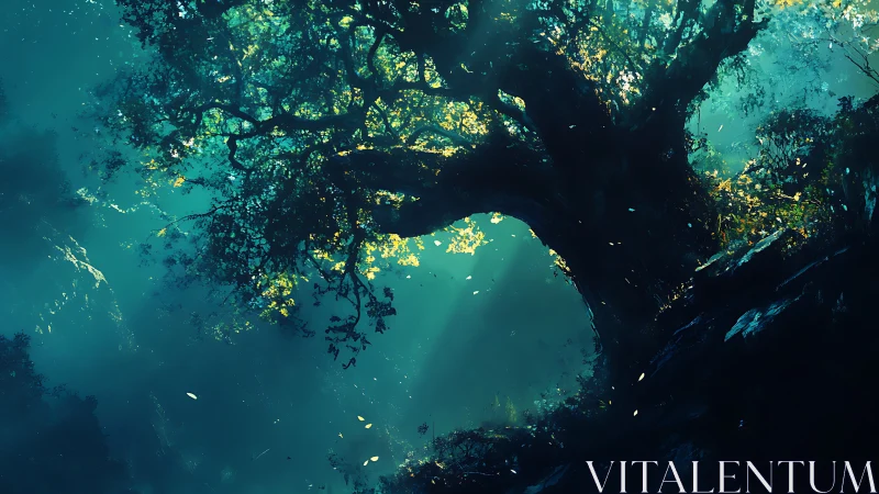 Ancient forest guardian leans into teal light and drifting leaves