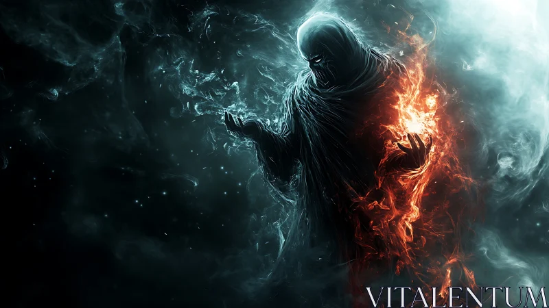 Dark robed figure holds swirling fire in a cosmic fog.