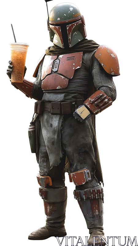 Photoreal bounty hunter armor study with casual beverage gag.