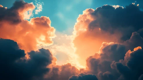 Sunlit cumulus clouds framing bright blue sky portal.