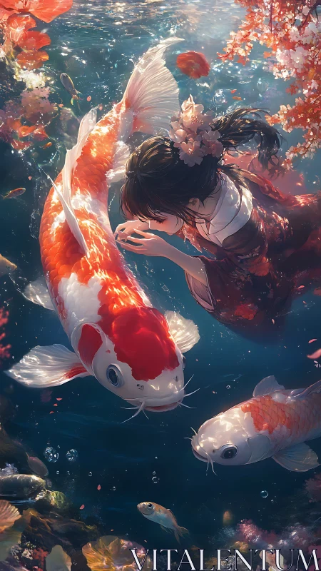 Dreamy girl drifts underwater beside gentle shimmering koi