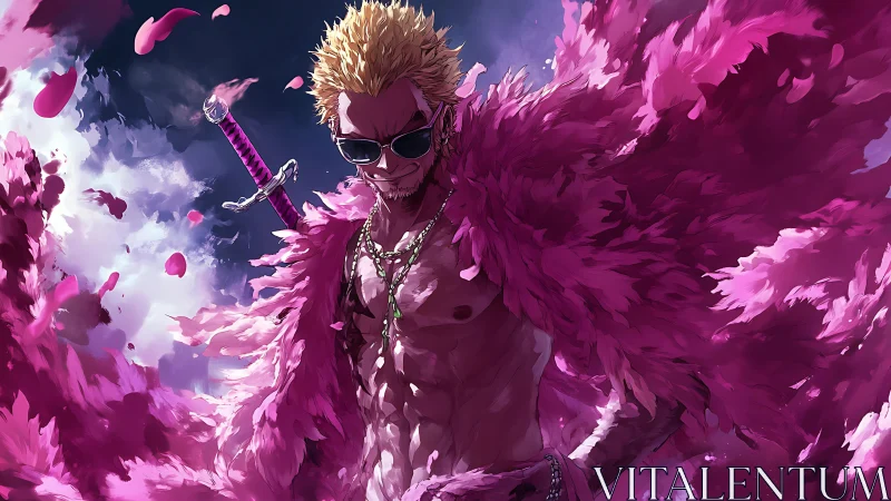 Bold pink-clad warrior strides through swirling stormlight.