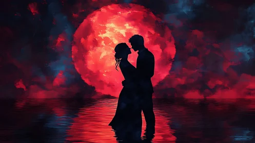 Silhouetted Embrace Against Incandescent Celestial Sphere.