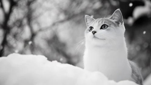 White Cat Portrait: Monochromatic Winter Elegance.