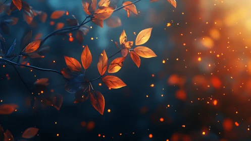 Autumn branch glows against deep teal bokeh background.