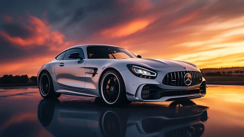 Low-angle silver coupe under saturated sunset with reflective wet runway