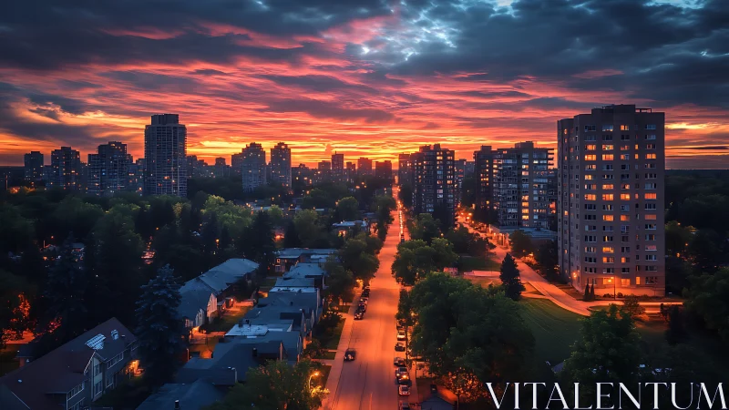 Urban residential avenue extends toward distant high-rises at dusk