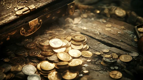 Stacked gold coins spill from ornate chest onto weathered planks