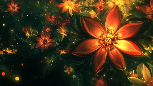 Fractal floral nebula with luminous petals in digital painting.