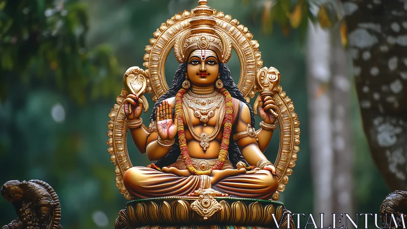 Radiant golden goddess statue offering calm forest grace.