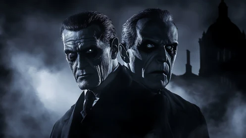 Sinister twin figures in fog with glowing white eyes.