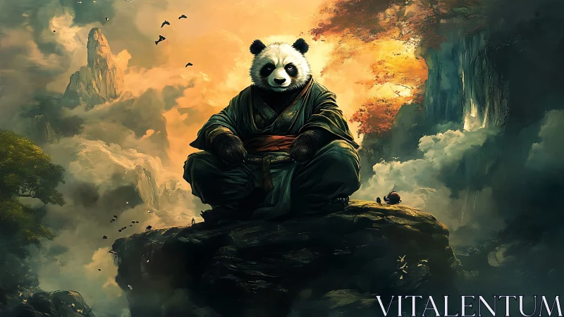 Calm panda monk gently meditates atop a misty mountain
