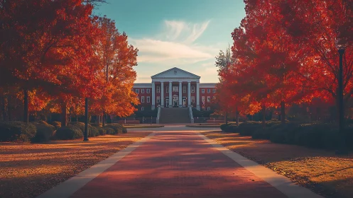 Symmetrical campus walkway leads to neoclassical brick hall