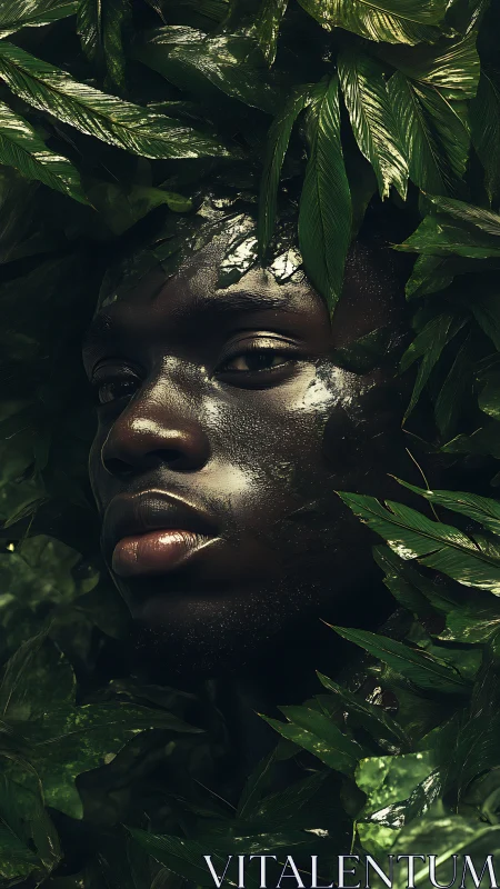 Portrait merges human face with dense glossy jungle leaves