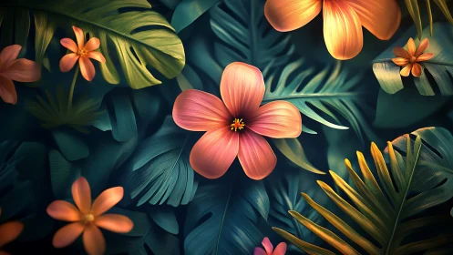 Tropical Flowers Bloom Against Deep Teal Foliage.