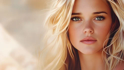 Sunlit blonde portrait captures serene, freckled beauty.