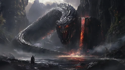 Colossal lava dragon emerges before lone warrior in mist.
